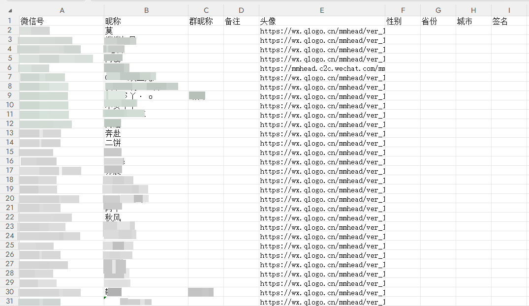微信群聊通讯录导出Excel效果导出示例截图